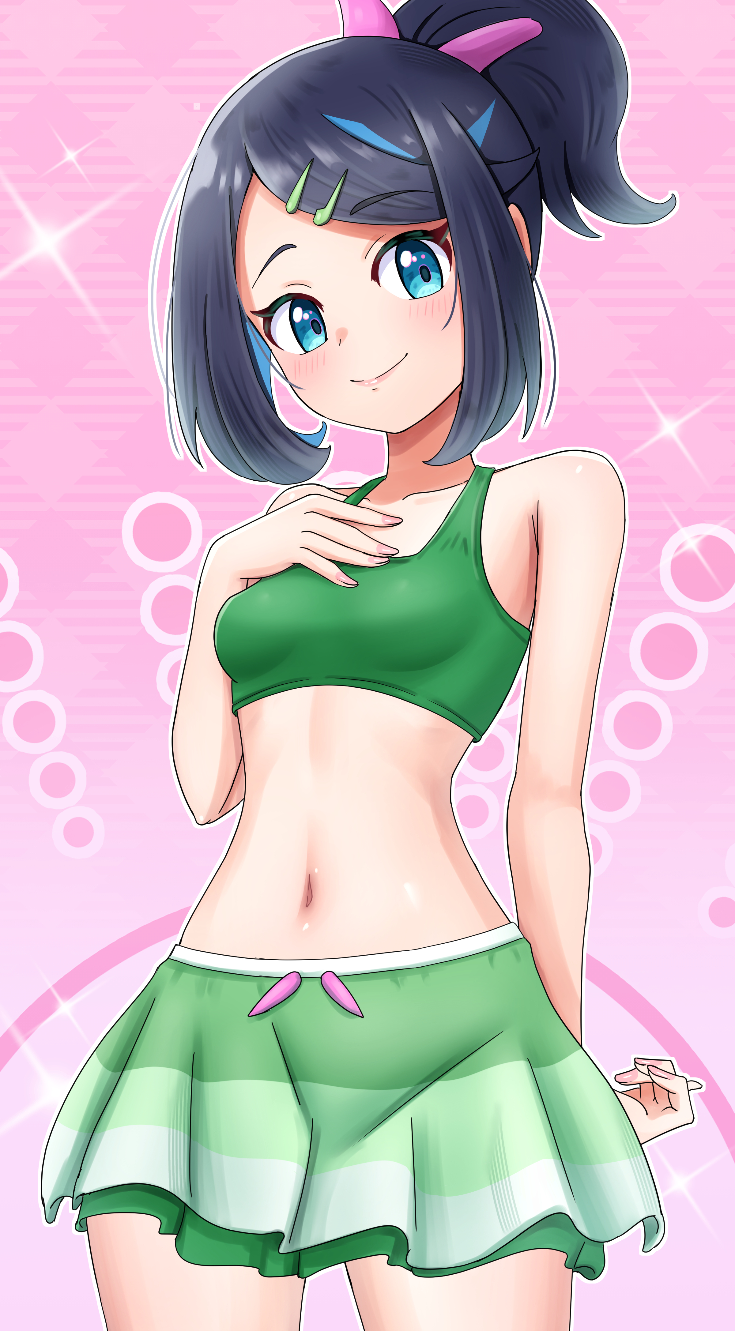maho (corotonton5150), liko (pokemon), nintendo, pokemon, pokemon (anime), pokemon horizons, absurdres, commentary request, highres, 1girl, black hair, blue eyes, breasts, closed mouth, cowboy shot, hair ornament, hairclip, hand up, looking at viewer, navel, pink background, ponytail, short ponytail, simple background, smile, solo, sparkle, swept bangs, swimsuit, white background