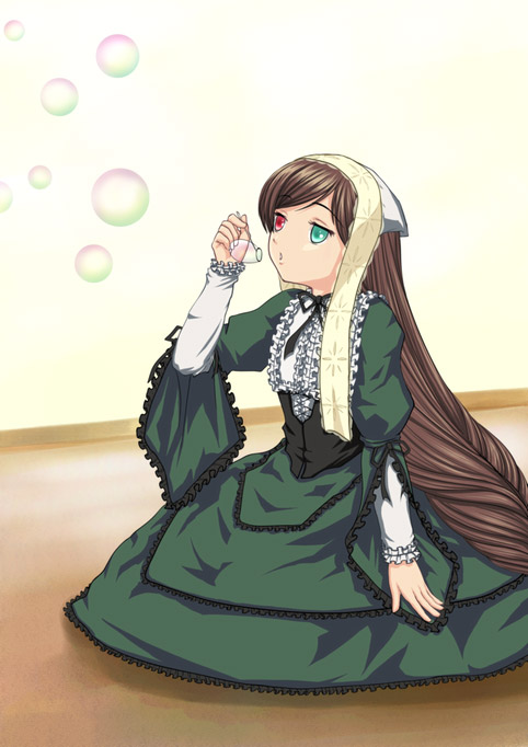 suiseiseki, rozen maiden, tagme, 00s, bubble, headscarf, heterochromia, long hair, solo, white headscarf