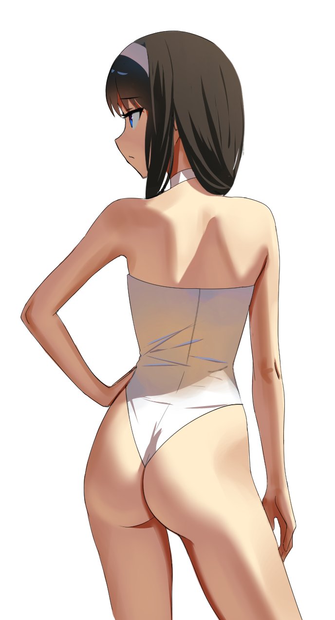 tohno akiha, tsukihime, artist request, 2000s (style), ass, ass focus, back, black hair, blue eyes, facing to the side, hairband, long hair, narrow waist, one-piece swimsuit, presenting, presenting ass, see-through clothes, shiny skin, slender, swimsuit, white background