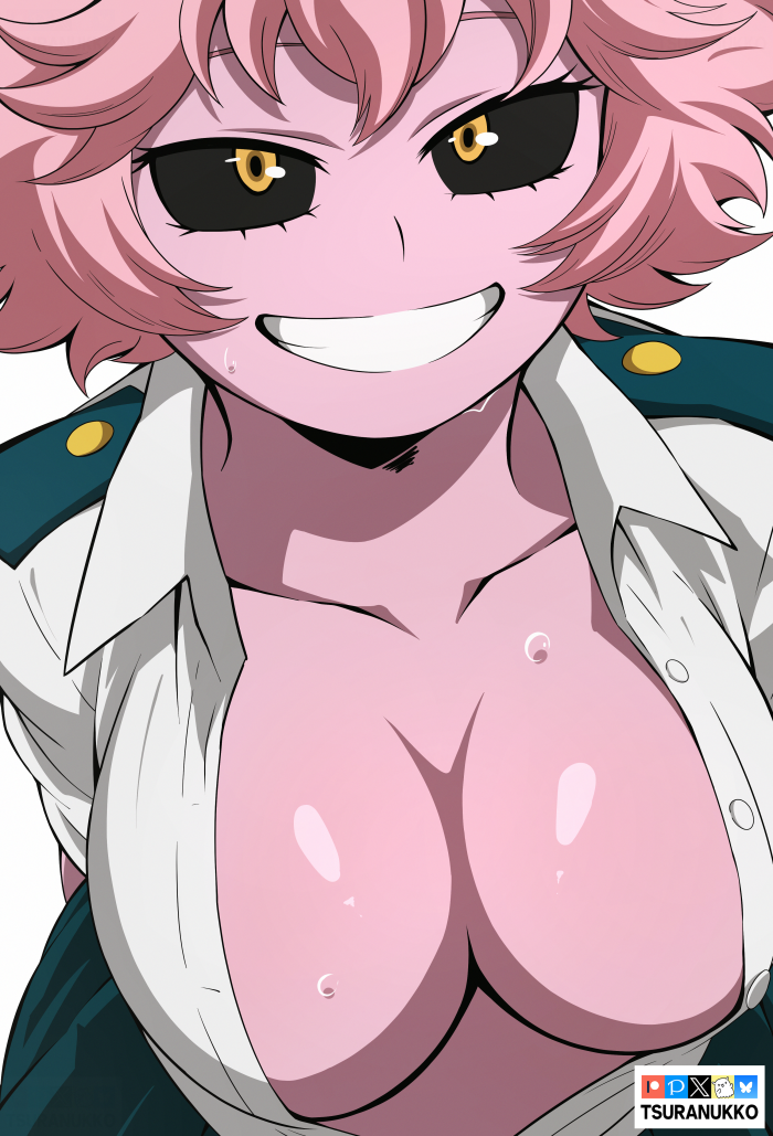 tsuranukko, ashido mina, boku no hero academia, 1girl, arms behind back, artist name, black sclera, bluesky logo, breasts, cleavage, collarbone, colored sclera, colored skin, fanbox logo, grin, large breasts, patreon logo, pink hair, pink skin, pixiv logo, shirt, short hair, simple background, smile, solo, sweat, twitter x logo, white background, white shirt, yellow eyes