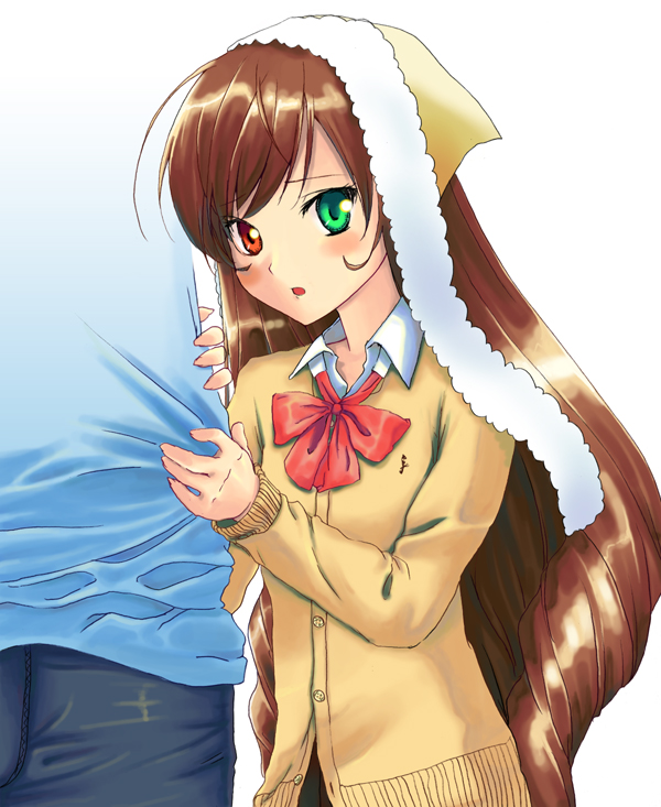 sakurada jun, suiseiseki, rozen maiden, 00s, 1boy, 1girl, clothes grab, headscarf, heterochromia, long hair, shirt grab, yellow headscarf