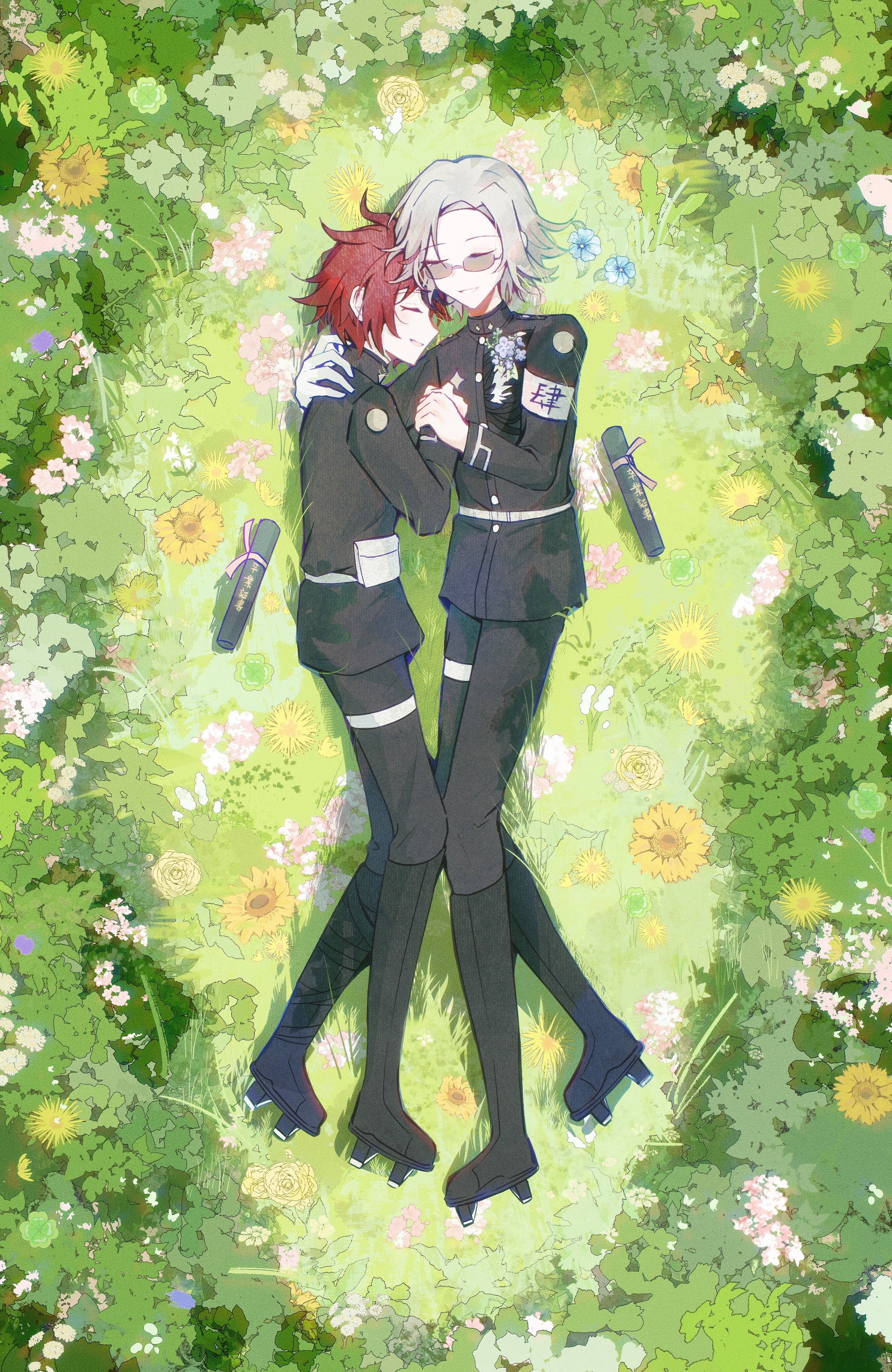 aotsuki eito, sumino takumi, the hundred line -last defense academy-, absurdres, chinese commentary, highres, 2boys, ahoge, armband, black boots, black pants, black streaks, boots, closed eyes, flower, gakuran, geta, glasses, gloves, grey hair, growing out of body, holding hands, last defense academy school uniform, male focus, mizongwenwu, multicolored hair, multiple boys, pants, red hair, school uniform, scroll, short hair, smile, streaked hair, sunglasses, white armband, white gloves, yaoi
