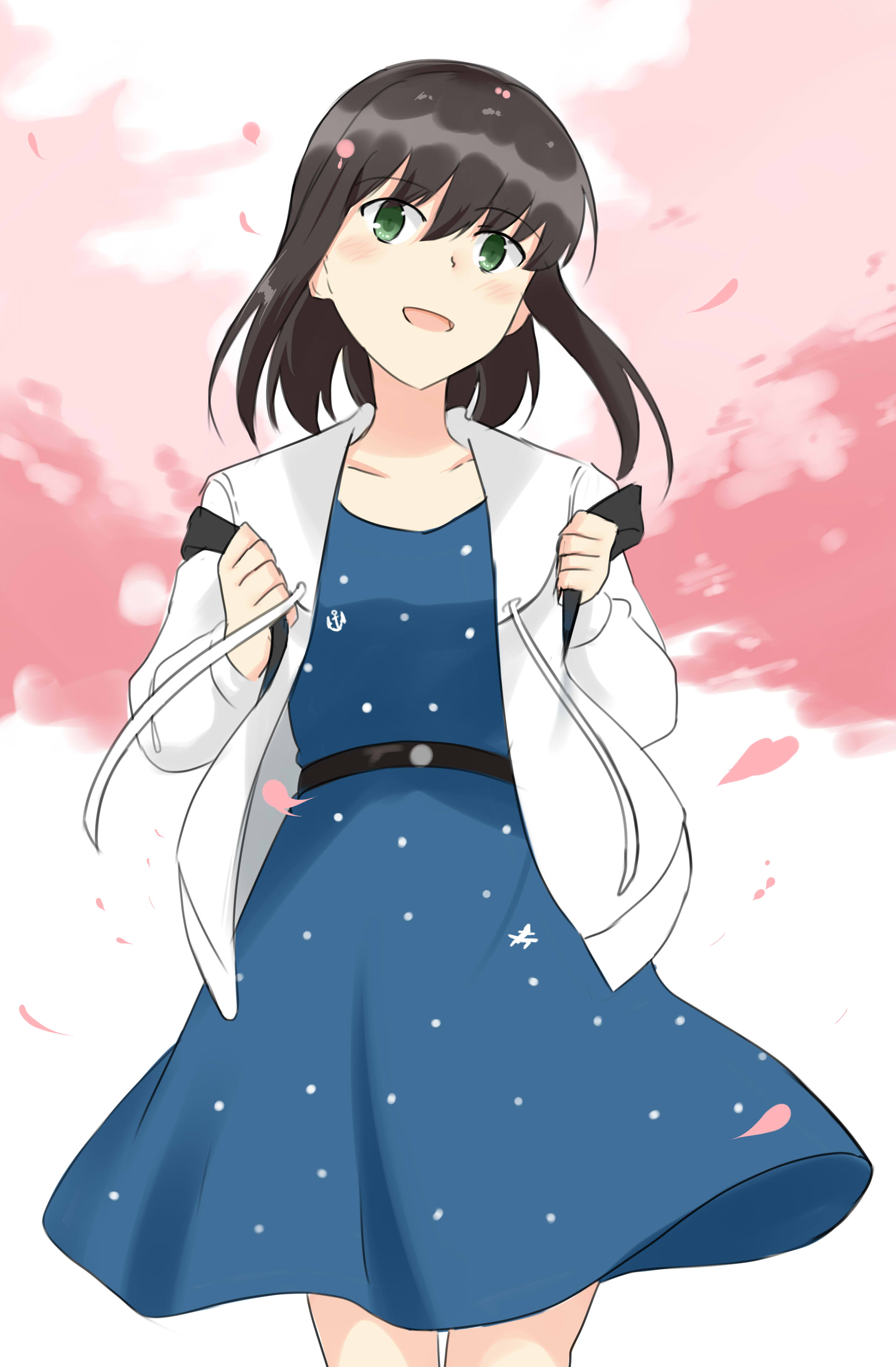 izumi subaru, fubuki (kancolle), fubuki (spring) (kancolle), kantai collection, absurdres, highres, 1girl, backpack, bag, belt, black belt, black hair, blue dress, cherry blossoms, collarbone, dress, green eyes, jacket, looking at viewer, solo, white jacket