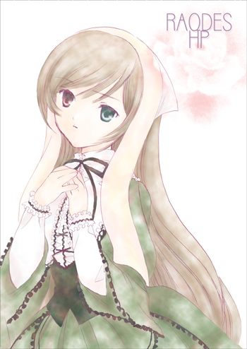 suiseiseki, rozen maiden, lowres, 00s, 1girl, female focus, headscarf, heterochromia, long hair, solo, white headscarf