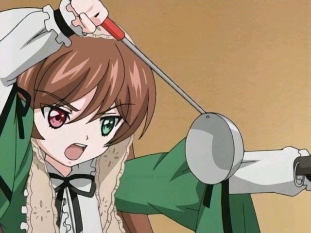 suiseiseki, rozen maiden, anime screenshot, 00s, 1girl, brown hair, close-up, dress, female focus, green dress, green eyes, headscarf, heterochromia, holding, ladle, long sleeves, open mouth, red eyes, ribbon, solo, teeth, white headscarf
