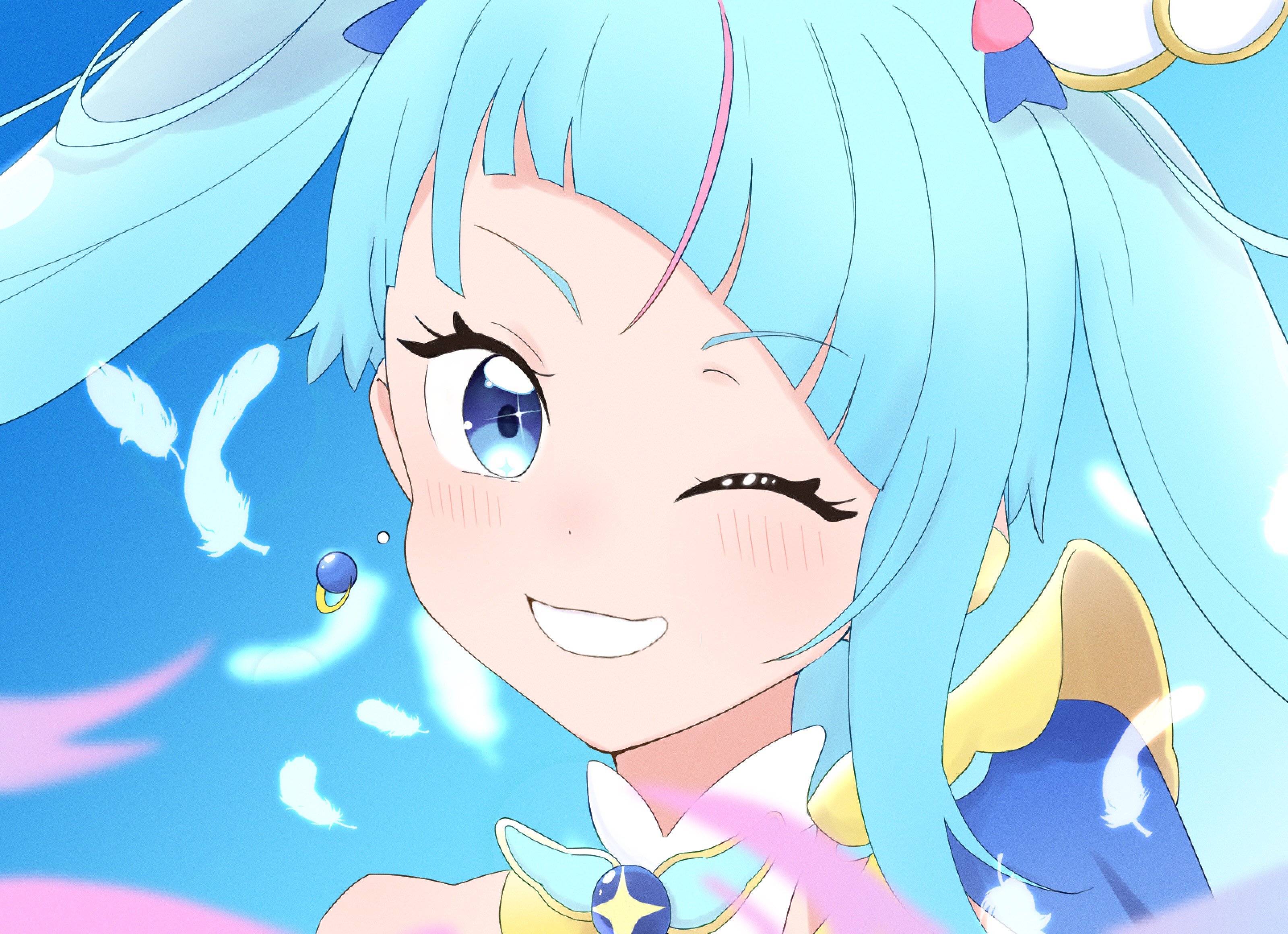 aot kwc, cure sky, sora harewataru, hirogaru sky! precure, precure, absurdres, commentary, highres, 1girl, ;), blue cape, blue eyes, blue hair, blue sky, blurry, blurry foreground, brooch, cape, clear sky, close-up, cut bangs, depth of field, dress, earclip, earrings, feathers, grin, hair ornament, jewelry, long hair, looking at viewer, magical girl, multicolored hair, one eye closed, pink hair, portrait, single earring, single sidelock, sky, sleeveless, sleeveless dress, smile, solo, streaked hair, twintails, two-tone hair, very long hair, white feathers, wing brooch, wing hair ornament