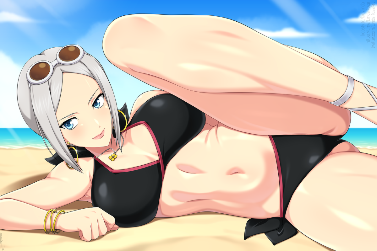 lindaroze, ines lorenzen, tales of (series), tales of hearts, commentary, english commentary, 1girl, beach, blue eyes, blue sky, bracelet, breasts, cloud, day, earrings, eyewear on head, grey hair, hoop earrings, jewelry, large breasts, legs, looking at viewer, lying, navel, ocean, on side, outdoors, short hair, sky, solo, sunglasses, thighs
