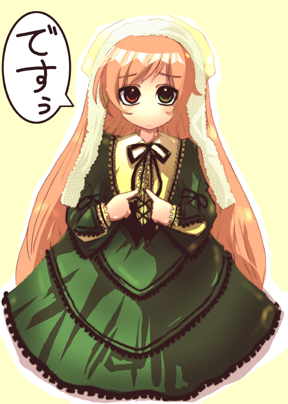 suiseiseki, rozen maiden, 00s, 1girl, female focus, headscarf, heterochromia, long hair, solo, speech bubble, yellow headscarf