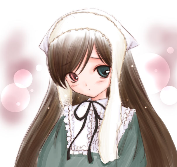 suiseiseki, rozen maiden, 00s, 1girl, blush, brown hair, dress, female focus, green dress, green eyes, headscarf, heterochromia, lens flare, long hair, pink background, red eyes, simple background, solo, upper body, white headscarf