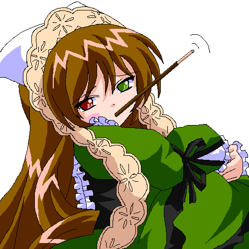 suiseiseki, rozen maiden, lowres, 00s, food, food in mouth, headscarf, heterochromia, long hair, pocky, pocky in mouth, solo, white headscarf