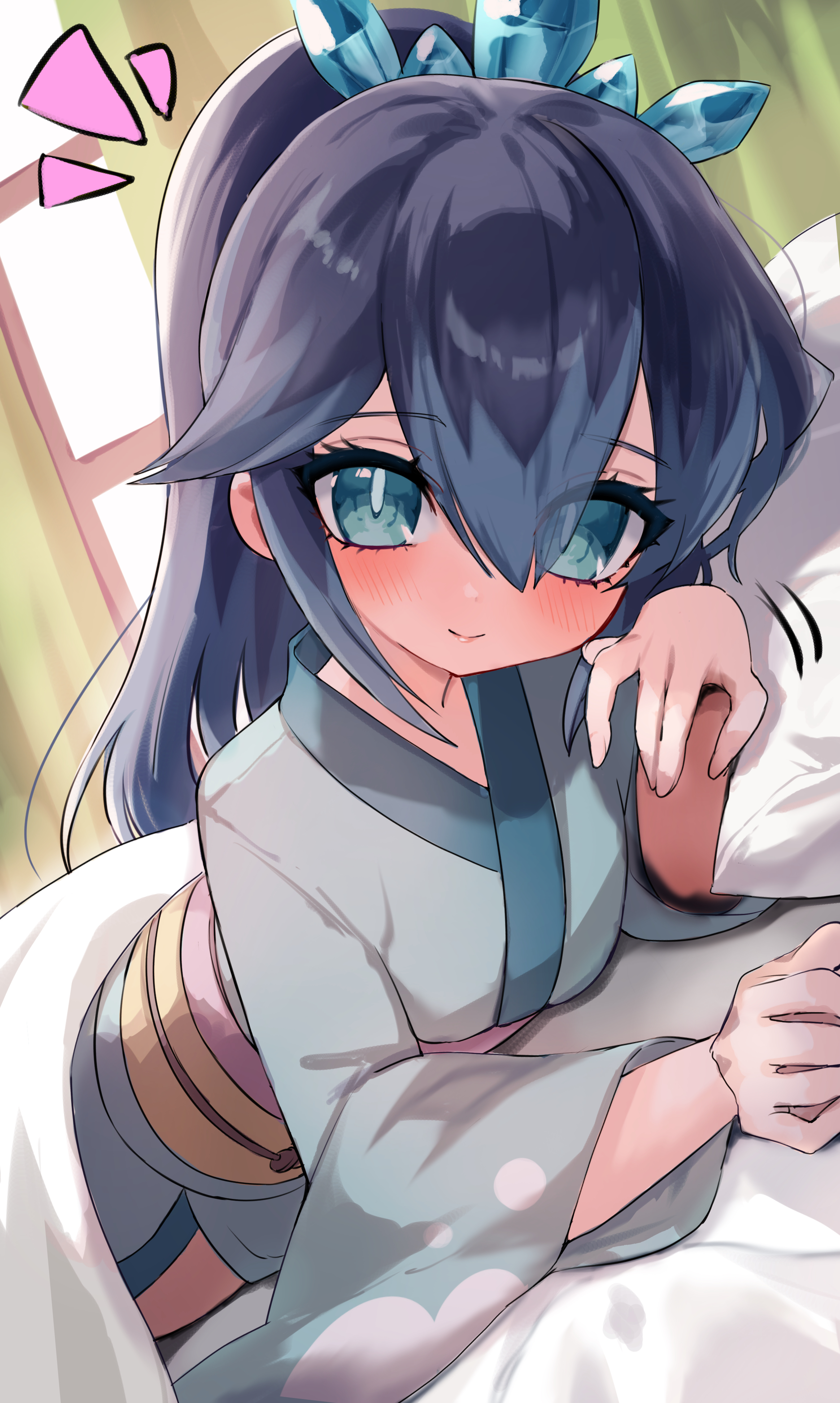 fubukihime, youkai watch, absurdres, commentary request, highres, 1girl, ||/, aqua eyes, bed, bed sheet, blue hair, blue kimono, blush, bright pupils, closed mouth, colored tips, curtains, diamond star12, emphasis lines, eyes visible through hair, grey hair, hair between eyes, hair ornament, hand up, high ponytail, indoors, japanese clothes, kimono, light smile, lipgloss, long hair, long sleeves, looking at viewer, lying, multicolored hair, notice lines, obi, obiage, obijime, on bed, on stomach, pillow, ponytail, sash, sidelocks, solo, two-tone hair, under covers, white blanket, window, yellow sash