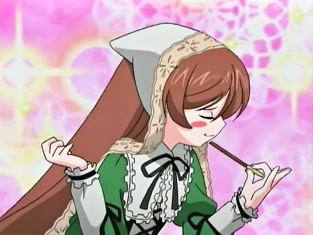 suiseiseki, rozen maiden, anime screenshot, 00s, 1girl, blush, brown hair, dress, female focus, food, frills, green dress, hat, headscarf, lolita fashion, long hair, long sleeves, pocky, ribbon, solo, very long hair, white headscarf