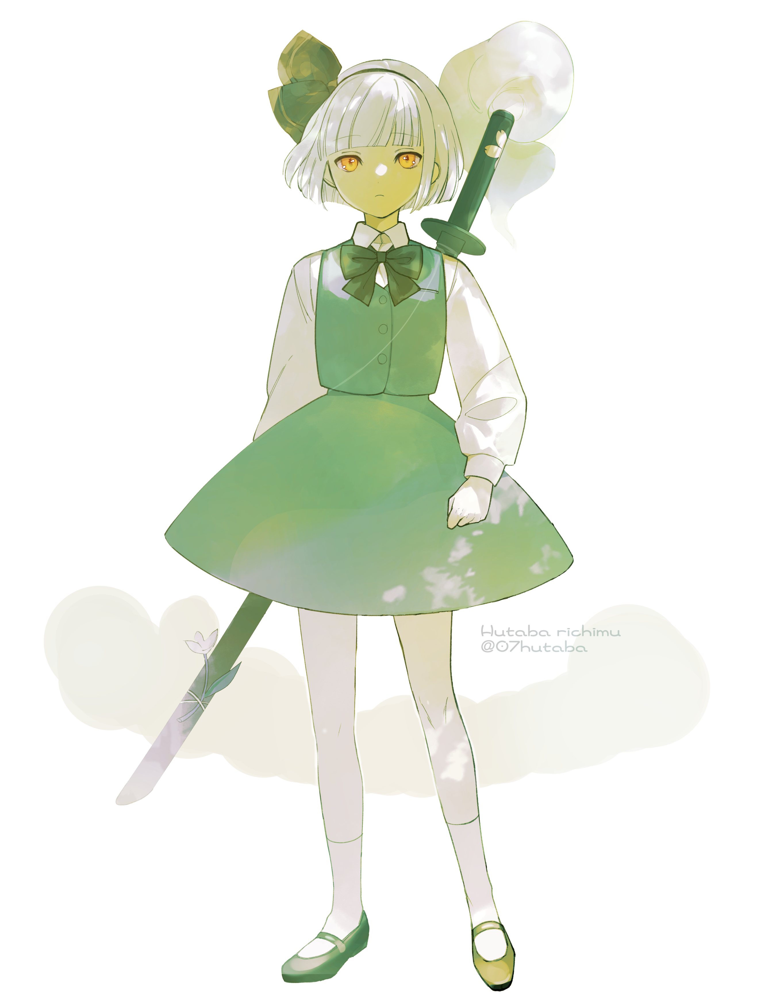 futaba richimu, konpaku youmu, konpaku youmu (ghost), touhou, absurdres, highres, 1girl, black bow, black bowtie, black hairband, bow, bow hairband, bowtie, expressionless, full body, green skirt, green vest, hairband, looking at viewer, mary janes, sheath, sheathed, shirt, shoes, short hair, simple background, skirt, socks, solo, standing, vest, white background, white hair, white shirt, white socks, youmu day