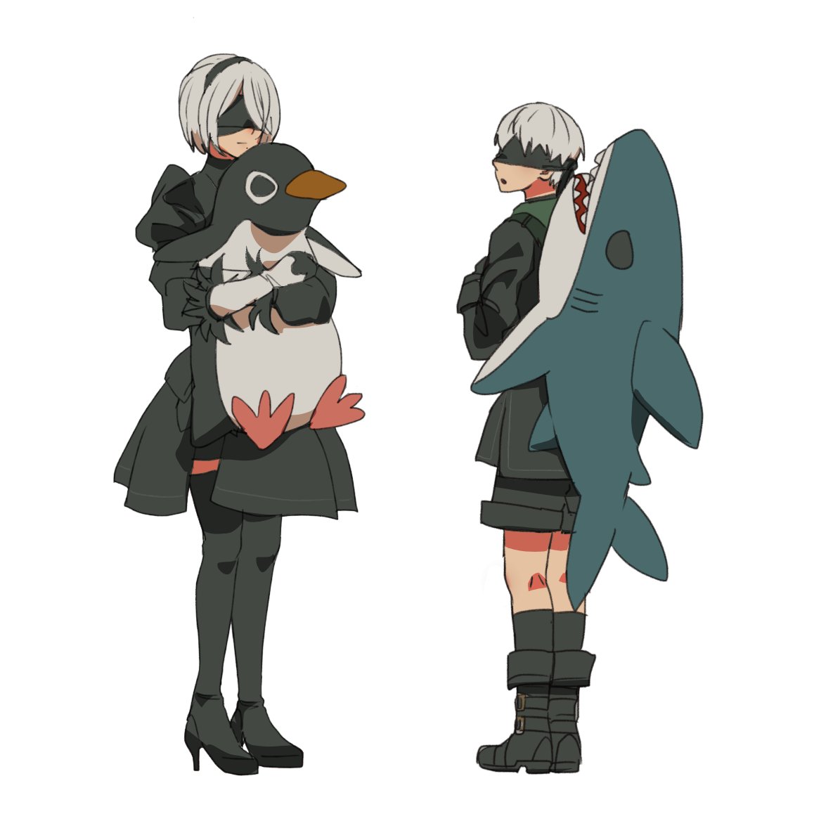 u-ka (pixiv5407), 2b (nier:automata), 9s (nier:automata), nier:automata, nier (series), 1boy, 1girl, animal bag, bird, black boots, black choker, black dress, black gloves, black hairband, black jacket, black shorts, black socks, blindfold, boots, choker, dress, feather-trimmed sleeves, full body, gloves, grey hair, hair over one eye, hairband, high heel boots, high heels, holding, holding stuffed toy, jacket, juliet sleeves, long sleeves, mole, mole under mouth, parted lips, penguin, puffy sleeves, shark, shark bag, short hair, shorts, socks, standing, stuffed toy, thigh boots, turtleneck, turtleneck dress, white background