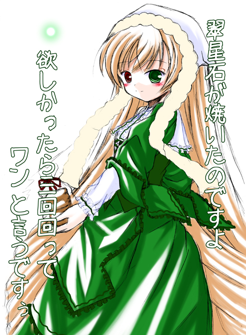 suiseiseki, rozen maiden, translation request, 00s, 1girl, female focus, headscarf, heterochromia, long hair, long sleeves, solo, white headscarf
