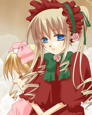 hinaichigo, shinku, rozen maiden, lowres, 00s, 1girl, blonde hair, blue eyes, bow, bowtie, brown background, closed eyes, dress, drill hair, female focus, flower, green bow, hair between eyes, hat, hat bow, long hair, looking down, pink bow, red dress, rose, sad, short sleeves, simple background, solo, twin drills, twintails, upper body, very long hair