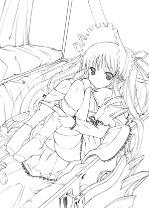 shinku, rozen maiden, lowres, 00s, 1girl, bonnet, bow, bowtie, curly hair, doll, doll joints, dress, female focus, frills, full body, greyscale, hat, joints, kneehighs, long hair, long sleeves, lying, monochrome, on back, panties, panty pull, ribbon, sidelocks, sketch, socks, solo, suitcase, thighs, twintails, underwear, undressing, upskirt, very long hair