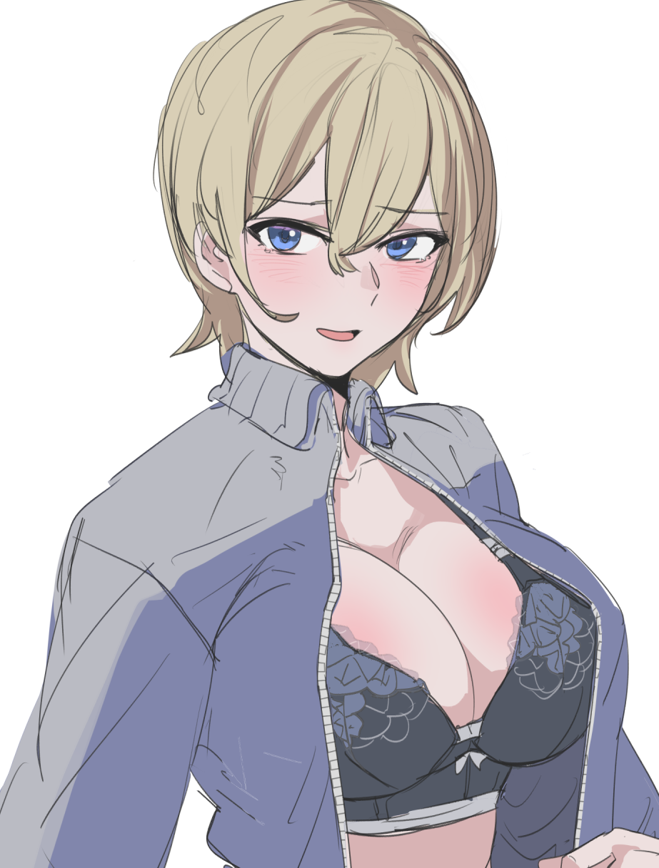 bow (bhp), character request, commentary request, copyright request, highres, 1girl, areola slip, black bra, blonde hair, blue eyes, blue jacket, blush, bra, breasts, cleavage, grey jacket, hair between eyes, jacket, large breasts, looking at viewer, multicolored jacket, open mouth, short hair, simple background, solo, track jacket, two-tone jacket, underwear, upper body, white background