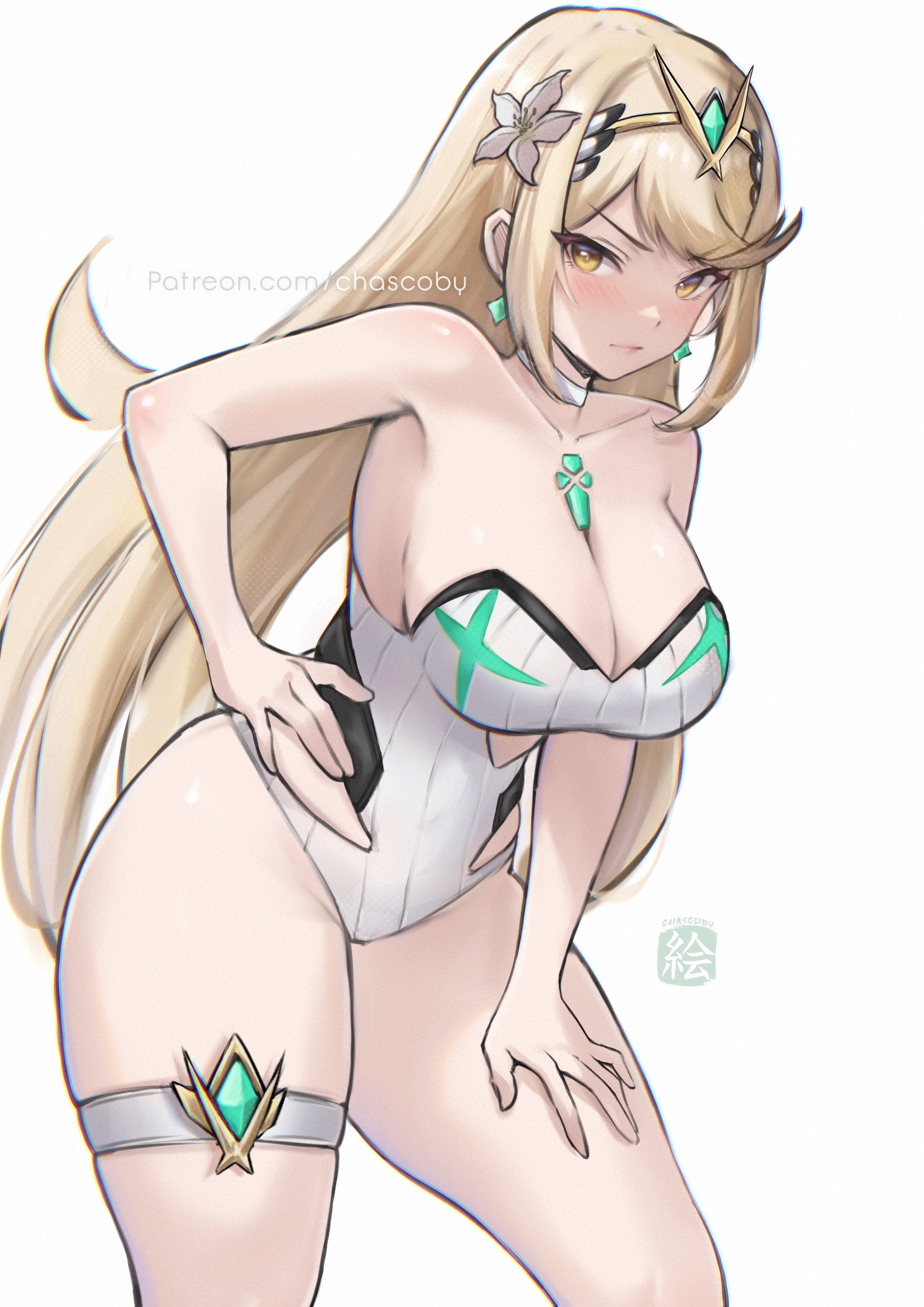chascoby, mythra (radiant beach) (xenoblade), mythra (xenoblade), xenoblade chronicles (series), xenoblade chronicles 2, absurdres, highres, 1girl, bare shoulders, blonde hair, blush, breasts, chest jewel, cleavage, closed mouth, core crystal (xenoblade), earrings, gem, headpiece, jewelry, large breasts, long hair, looking at viewer, one-piece swimsuit, pinstripe one-piece swimsuit, ribbed swimsuit, simple background, solo, strapless, strapless one-piece swimsuit, striped clothes, striped one-piece swimsuit, swept bangs, swimsuit, tiara, two-tone swimsuit, vertical-striped clothes, vertical-striped one-piece swimsuit, very long hair, white background, white one-piece swimsuit, yellow eyes