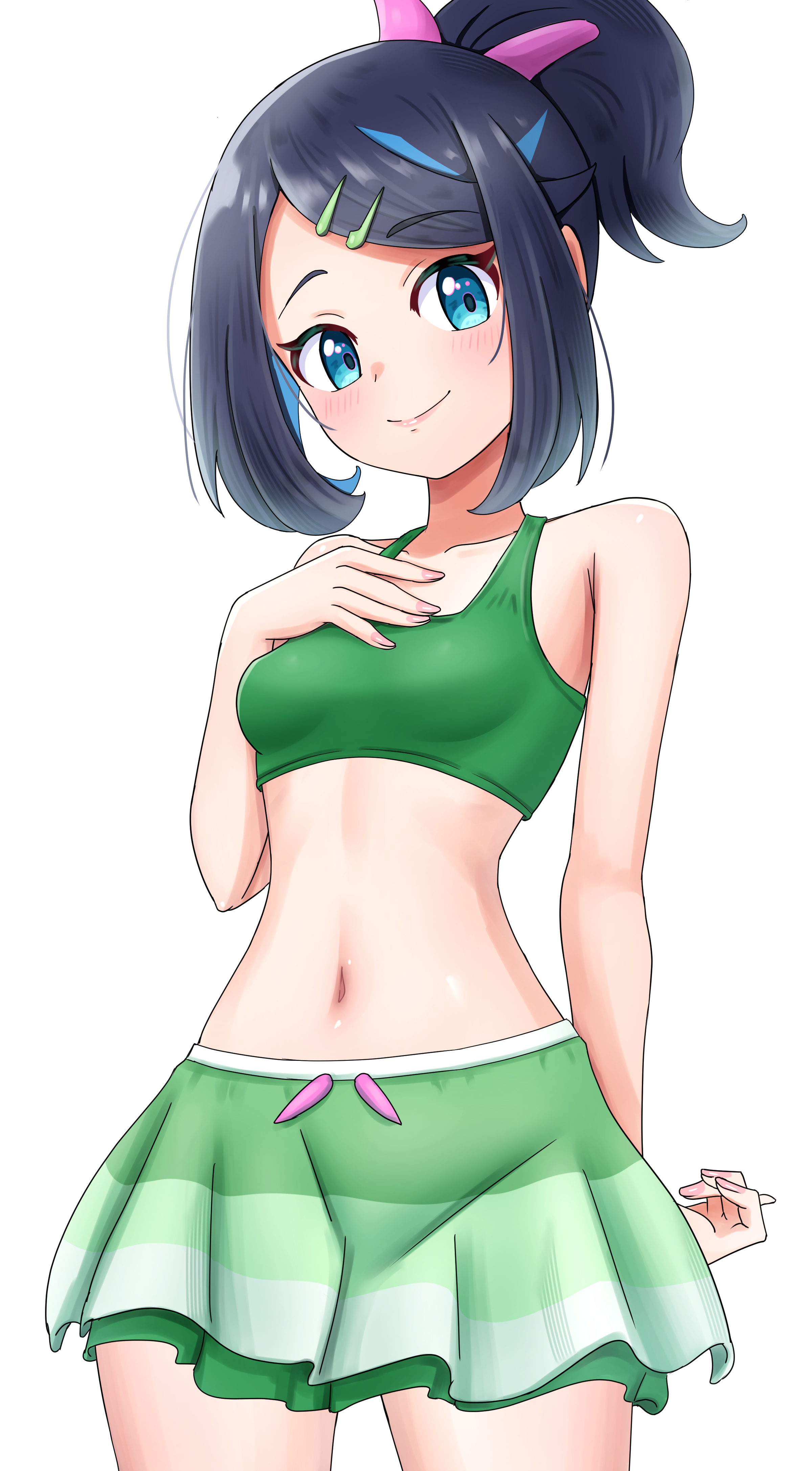 maho (corotonton5150), liko (pokemon), nintendo, pokemon, pokemon (anime), pokemon horizons, absurdres, commentary request, highres, 1girl, black hair, blue eyes, breasts, closed mouth, cowboy shot, hair ornament, hairclip, hand up, looking at viewer, navel, ponytail, short ponytail, simple background, smile, solo, swept bangs, swimsuit, white background