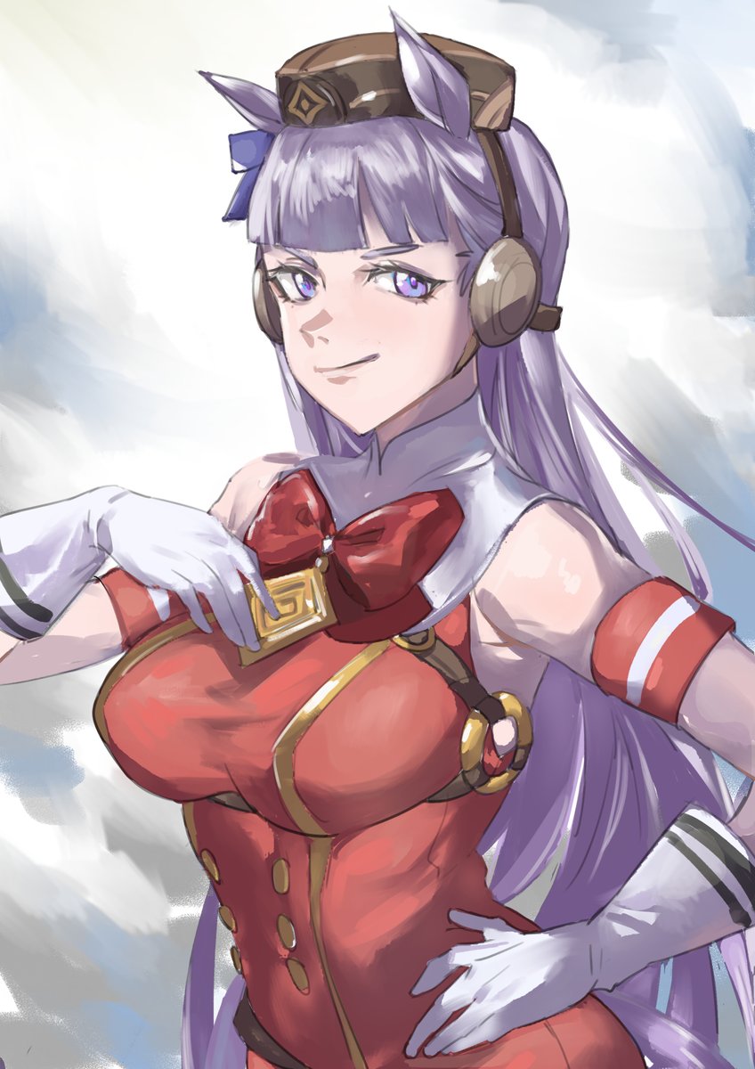 taiyang yu, gold ship (umamusume), umamusume, highres, 1girl, animal ears, bow, bowtie, breasts, brown hat, gloves, hand on own hip, hat, horse ears, horse girl, long hair, looking at viewer, red bow, red bowtie, red shirt, shirt, smug, solo, white gloves