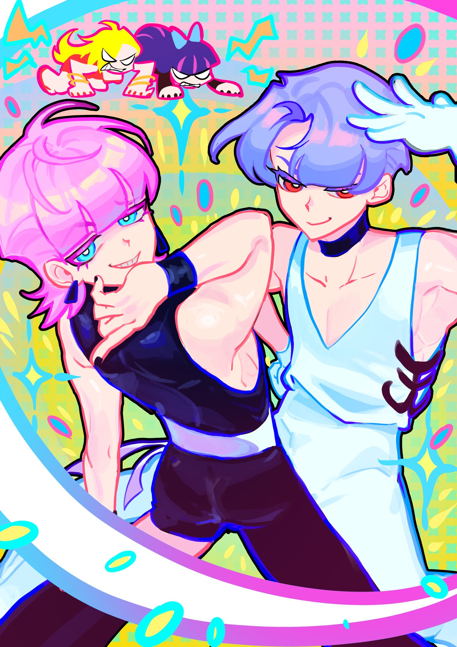 panty (psg), polyester (psg), polyurethane (psg), stocking (psg), panty & stocking with garterbelt, highres, 2boys, asymmetrical clothes, black jumpsuit, black nails, blue eyes, blunt bangs, brothers, choker, earrings, girly boy, gloves, grin, heaven (kanji), jewelry, jumpsuit, leummeul05, looking at viewer, male focus, multiple boys, pink hair, red eyes, siblings, single pantsleg, sleeveless jumpsuit, smile, triangle earrings, waist ribbon, white gloves, white jumpsuit