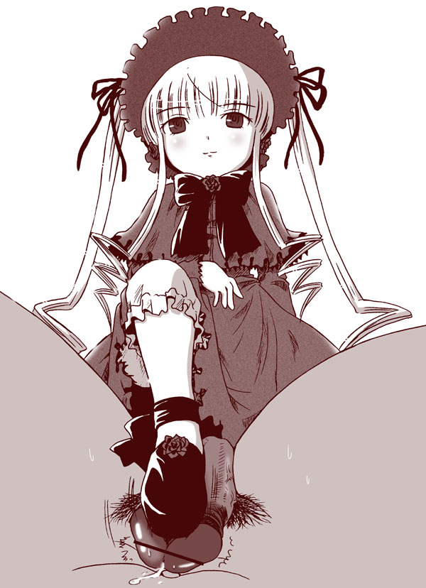 shinku, rozen maiden, 00s, 1girl, censored, feet, footjob, monochrome, penis, pov, shoejob, shoes, solo focus