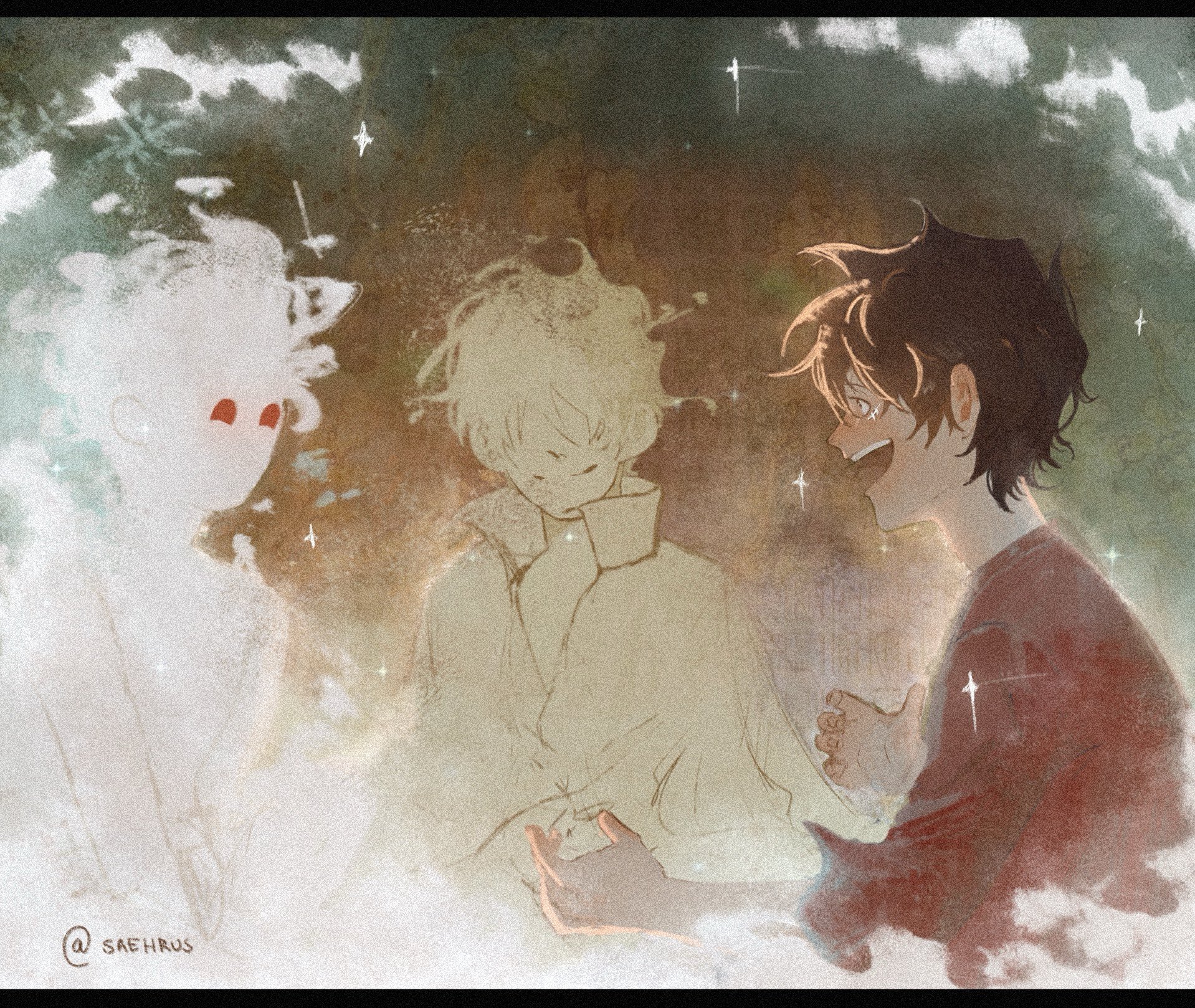 joy boy (one piece), monkey d. luffy, one piece, commentary, english commentary, highres, black hair, high collar, male focus, open mouth, saehrus, scar, scar on face, short hair, smile, sparkle, sun god nika (one piece), twitter username