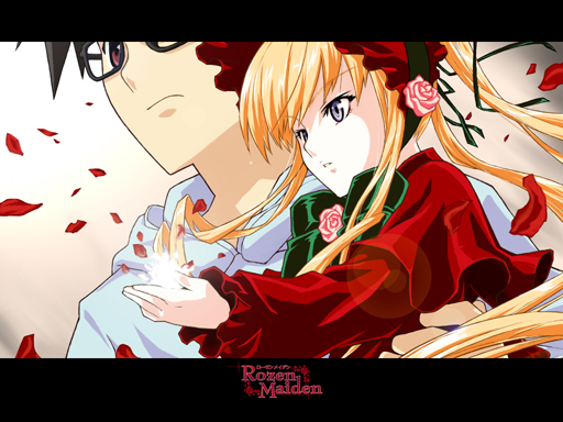 sakurada jun, shinku, rozen maiden, 00s, 1boy, 1girl, black hair, blonde hair, blue eyes, brown eyes, dress, drill hair, flower, frills, glasses, hairband, letterboxed, long hair, petals, ribbon, rose, twintails