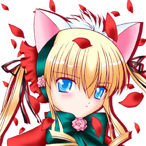 shinku, rozen maiden, lowres, 00s, 1girl, animal ears, blonde hair, blue eyes, blush, bow, bowtie, cat ears, expressionless, fake animal ears, female focus, flower, petals, portrait, rose, rose petals, simple background, solo, upper body, white background