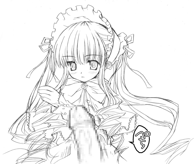 shinku, rozen maiden, artist request, 00s, 1boy, 1girl, censored, greyscale, hetero, long hair, long sleeves, monochrome, mosaic censoring, penis, solo focus