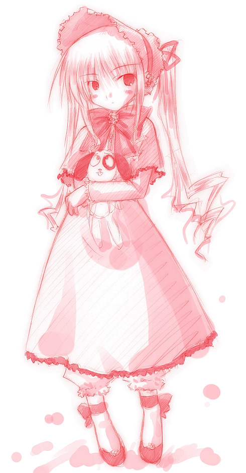 shinku, rozen maiden, 00s, bonnet, bow, frills, monochrome, ribbon, sketch, solo, twintails