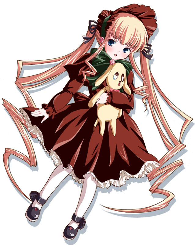 shinshin, shinku, rozen maiden, 00s, 1girl, blonde hair, blue eyes, bonnet, bow, dress, drill hair, female focus, frills, hair bow, long hair, open mouth, shadow, solo, twintails, very long hair