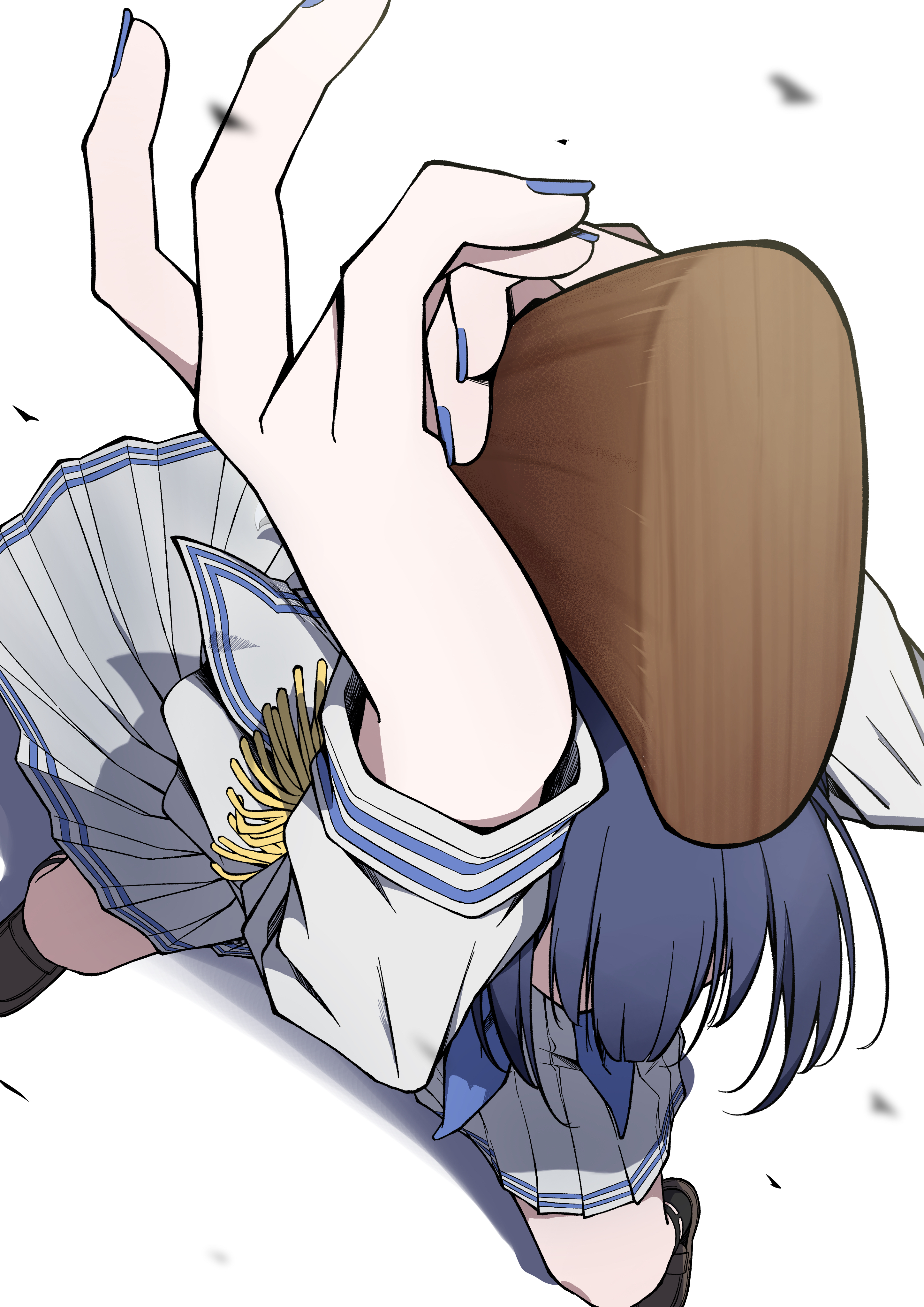 amama (pcnk4878), morino rinze, idolmaster, idolmaster shiny colors, absurdres, highres, black shoes, blue hair, blue nails, fingernails, foreshortening, from above, holding, holding weapon, long sleeves, nail polish, pleated skirt, shadow, shoes, simple background, skirt, standing, swinging weapon, weapon, white background, white skirt