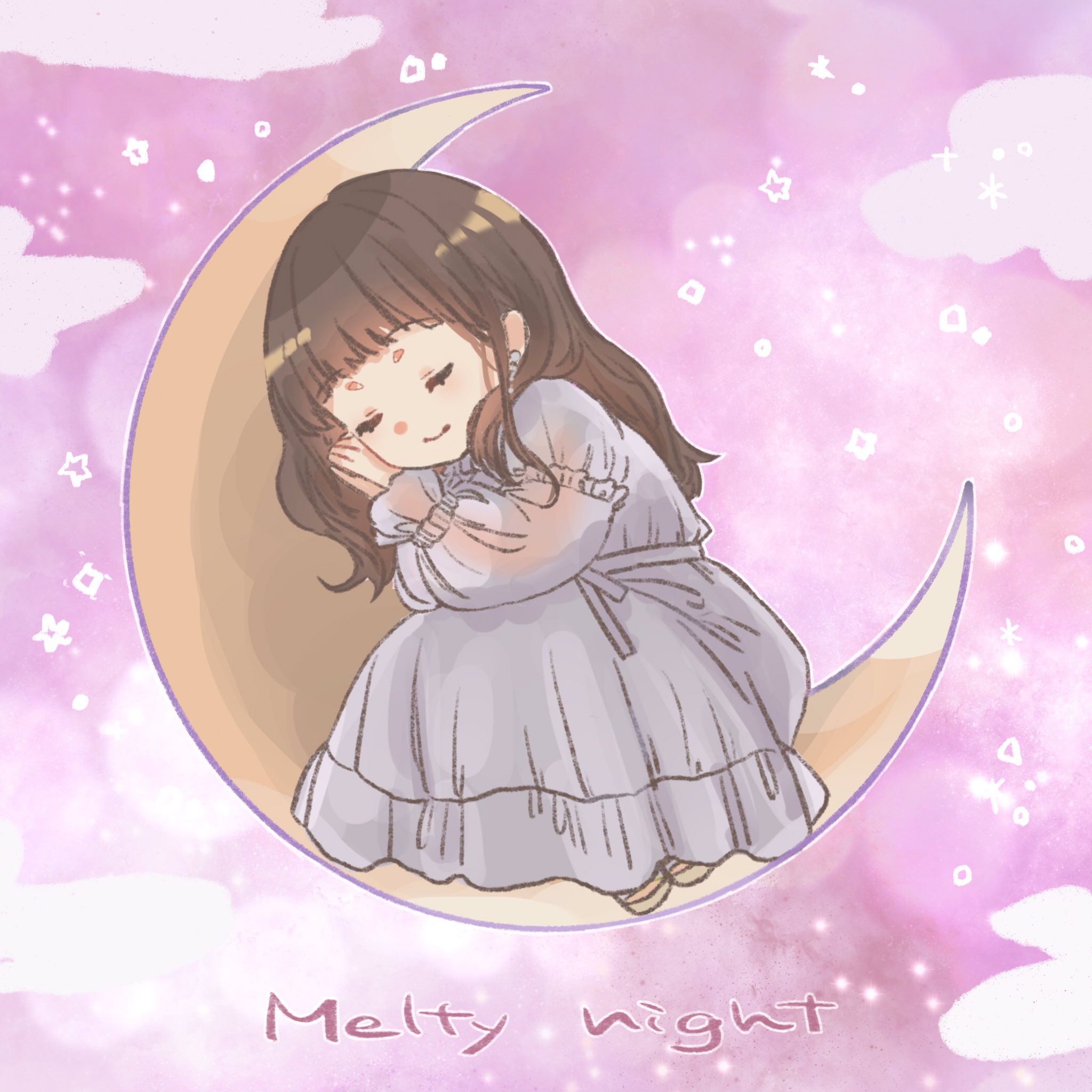 tiro hiro, original, commentary, highres, symbol-only commentary, 1girl, blunt bangs, brown hair, closed eyes, closed mouth, dress, english text, full body, grey dress, long dress, long hair, long sleeves, on crescent, purple background, sleeping, sleeping upright, smile, solo, star (symbol), star symbol background