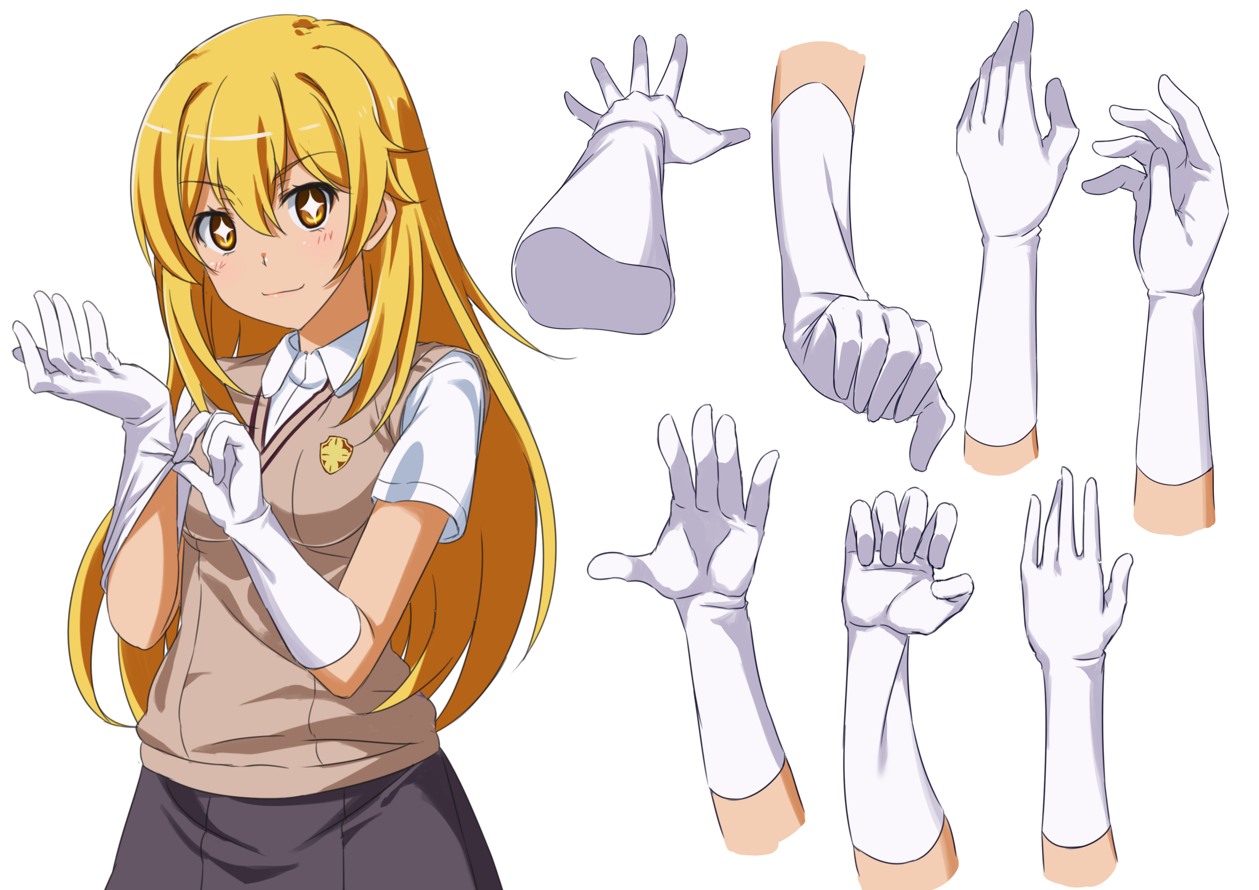 takatsuki p, shokuhou misaki, toaru kagaku no railgun, toaru majutsu no index, absurdres, highres, 1girl, blonde hair, elbow gloves, gloves, glowing, glowing eyes, hair between eyes, long hair, putting on gloves, reference sheet, school uniform, short sleeves, smile, smiley face, solo focus, upper body, white gloves, yellow eyes