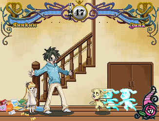 kunkun, sakurada jun, shinku, rozen maiden, lowres, 00s, 1boy, 1girl, animal, blonde hair, dog, door, fake screenshot, fighting game, glasses, hair ribbon, health bar, long sleeves, motion lines, ribbon, rubbing eyes, spiked hair, stairs, standing, sweater, twintails, wooden floor