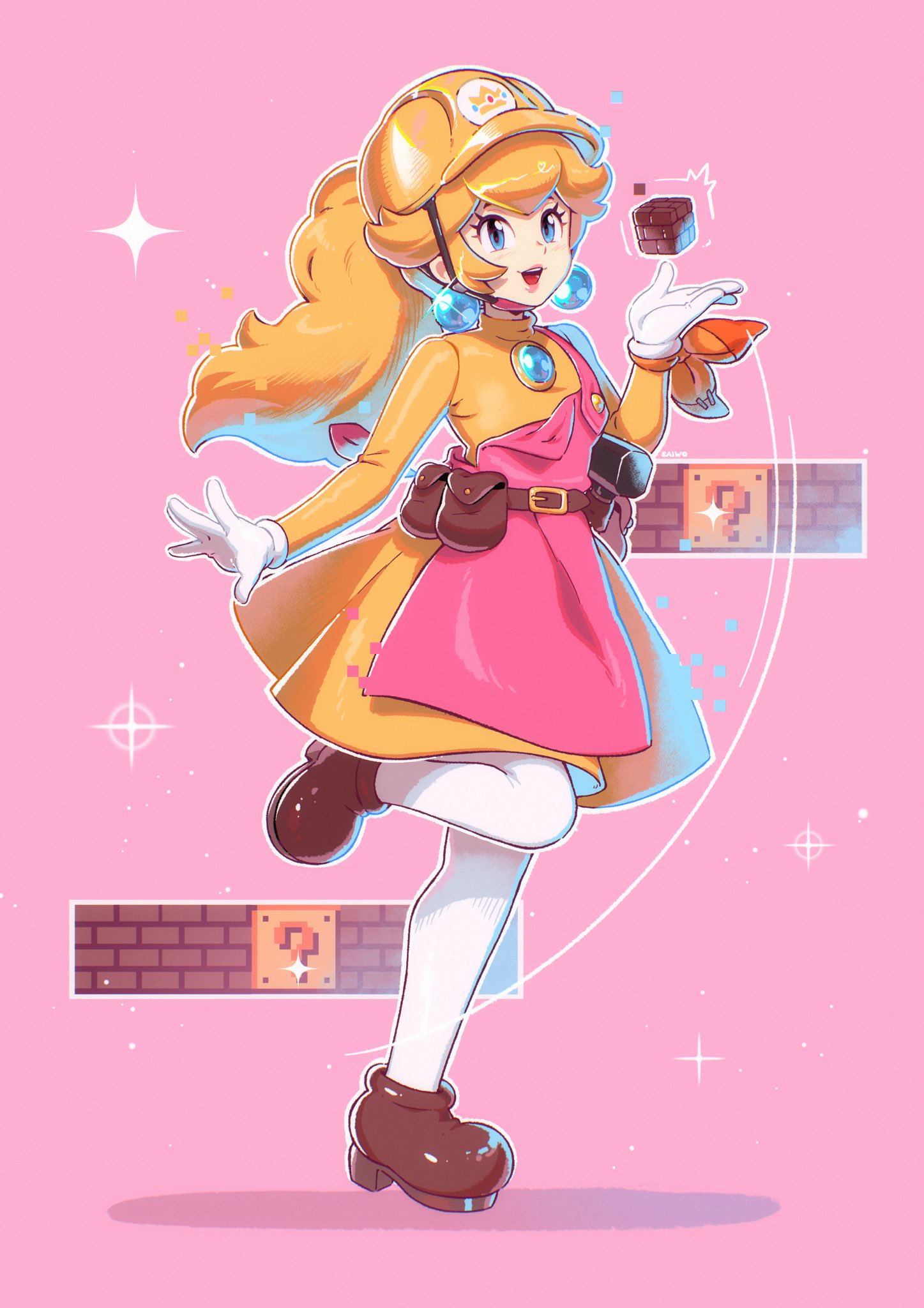 saiwo (saiwoproject), princess peach, mario (series), nintendo, super mario maker, super mario maker 2, highres, 1girl, ?, ? block, apron, block (mario), block (object), blonde hair, blue eyes, breasts, brick, brooch, dress, earrings, gloves, hard hat, hat, hay, helmet, jewelry, lipstick, long hair, looking at viewer, makeup, open mouth, pantyhose, pink apron, pink lips, ponytail, shoes, simple background, smile, solo, sphere earrings, teeth, white gloves, white pantyhose, yellow dress, yellow hat