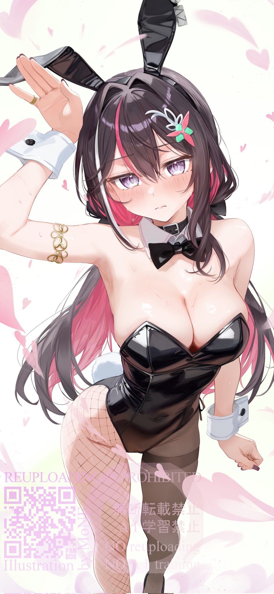 motoi (croa76), azki (hololive), hololive, highres, 1girl, animal ears, armpits, asymmetrical legwear, bare shoulders, black hair, black leotard, black pantyhose, breasts, bunny day, cleavage, cowboy shot, fake animal ears, fake tail, fishnet pantyhose, fishnets, heart, large breasts, leotard, long hair, multicolored hair, pantyhose, pink hair, playboy bunny, purple eyes, rabbit ears, rabbit tail, simple background, solo, strapless, strapless leotard, streaked hair, tail, virtual youtuber, watermark, white background, white hair