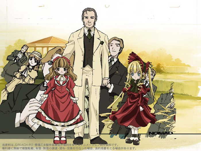 shinku, rozen maiden, 00s, 3girls, 6+boys, blonde hair, bloomers, formal clothes, hat, multiple boys, multiple girls, nature, outdoors, suit, underwear, vest, waistcoat