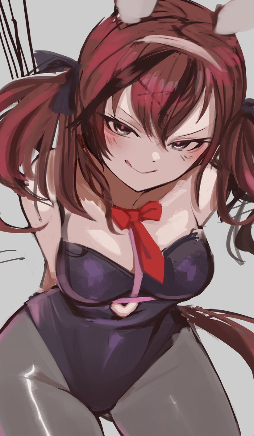 hoshikuzu kizuna (kizuna stardust), nice nature (umamusume), rabbit hole (vocaloid), umamusume, highres, arms behind back, black leotard, black pantyhose, breasts, brown hair, horse girl, horse tail, leotard, looking at viewer, necktie, pantyhose, playboy bunny, short necktie, smug, tail, v-shaped eyebrows