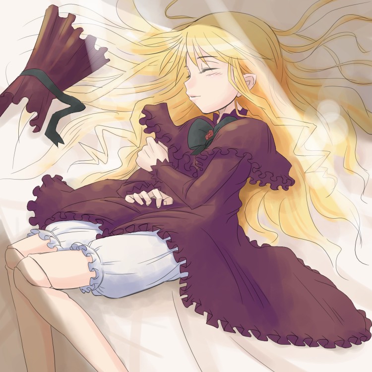 shinku, rozen maiden, 00s, 1girl, blonde hair, bloomers, doll joints, female focus, hat, joints, sleeping, solo, underwear, white bloomers