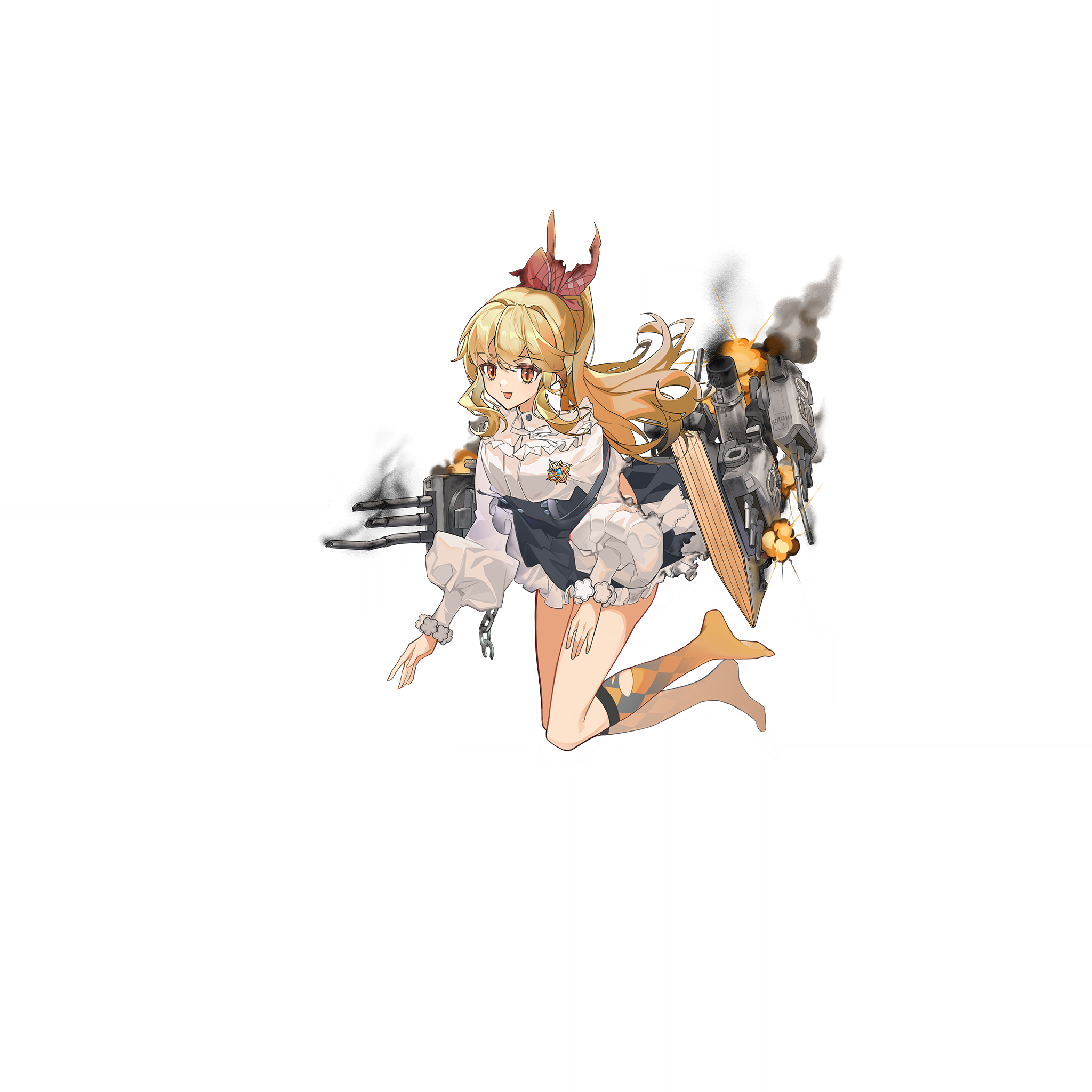 warship girls r, artist request, highres, official art, 1girl, blonde hair, blue dress, burnt clothes, chicago (warship girls r), dress, frilled dress, frilled sleeves, frills, full body, hair ribbon, kneehighs, kneeling, long hair, long sleeves, looking at viewer, open mouth, ponytail, red eyes, red ribbon, ribbon, rigging, shirt, sidelocks, socks, torn clothes, torn ribbon, torn shirt, torn socks, transparent background, white shirt