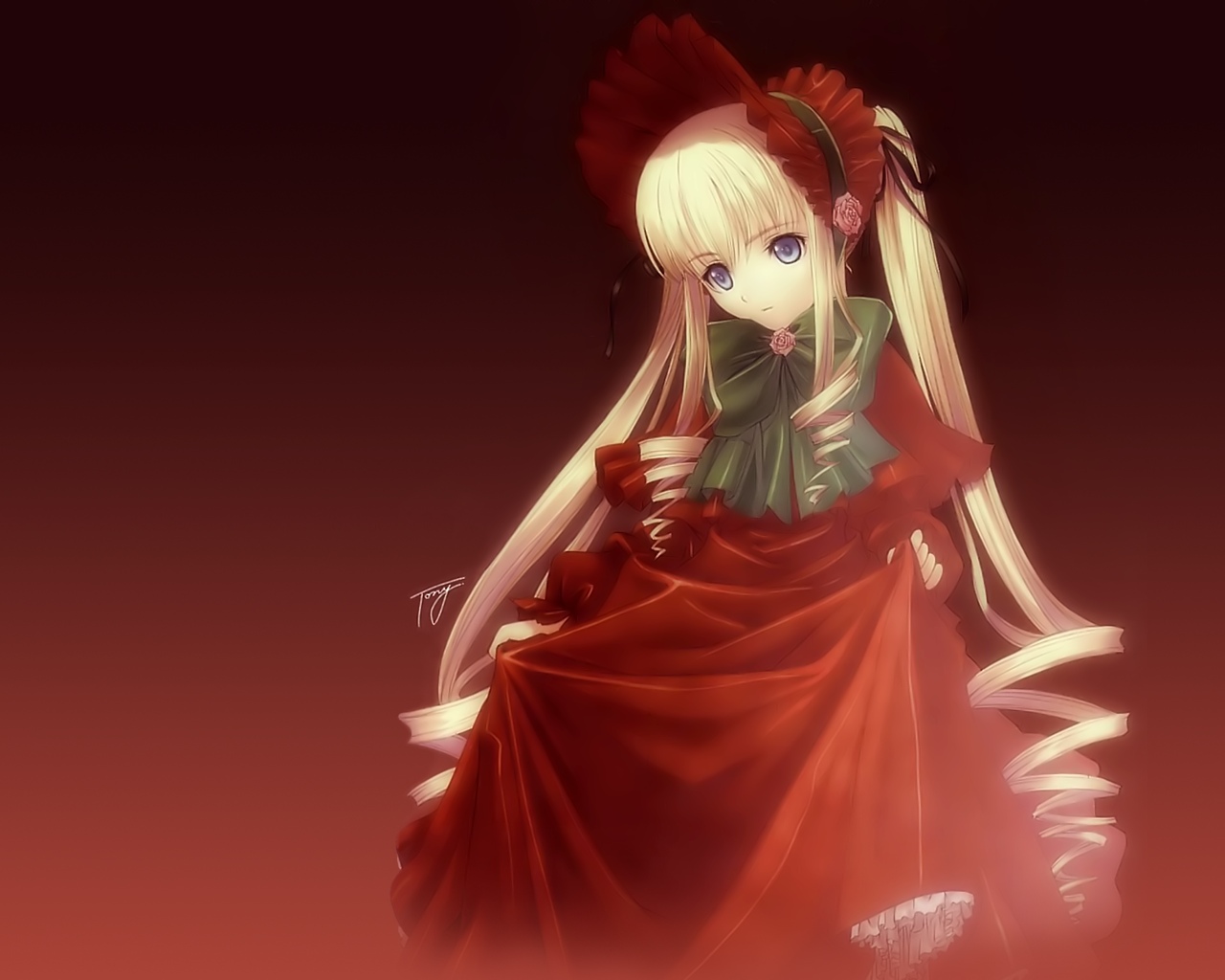 tony taka, shinku, rozen maiden, 00s, 1girl, blonde hair, blue eyes, bonnet, bow, dress, drill hair, female focus, flower, gradient background, hair ribbon, long hair, red dress, ribbon, rose, simple background, solo, twintails, very long hair