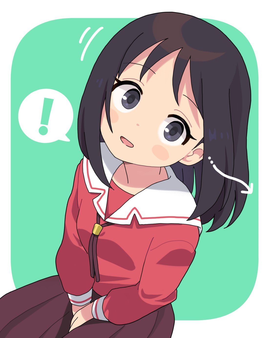 niwaniha0711, kasuga ayumu, azumanga daiou, highres, !, 1girl, azumanga daioh's school uniform, blush, breasts, brown hair, grey eyes, hands on own thighs, image in speech bubble, long hair, looking at viewer, open mouth, outside border, pleated skirt, red shirt, red skirt, sailor collar, school uniform, shirt, sitting, skirt, striped sleeve cuffs, white sailor collar, white sleeve cuffs