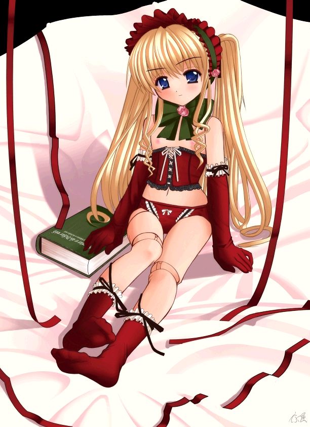 natsumiya yuzu, shinku, rozen maiden, 00s, 1girl, adapted costume, bare shoulders, blonde hair, blue eyes, blush, book, bow, bowtie, corset, doll joints, elbow gloves, female focus, flat chest, flower, full body, gloves, hairband, hat, head tilt, joints, lingerie, loli, lolita hairband, long hair, looking at viewer, navel, nipples, panties, red gloves, red panties, red socks, rose, sitting, smile, socks, solo, underwear, very long hair