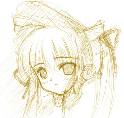 shinku, rozen maiden, lowres, 00s, 1girl, female focus, monochrome, sketch, solo