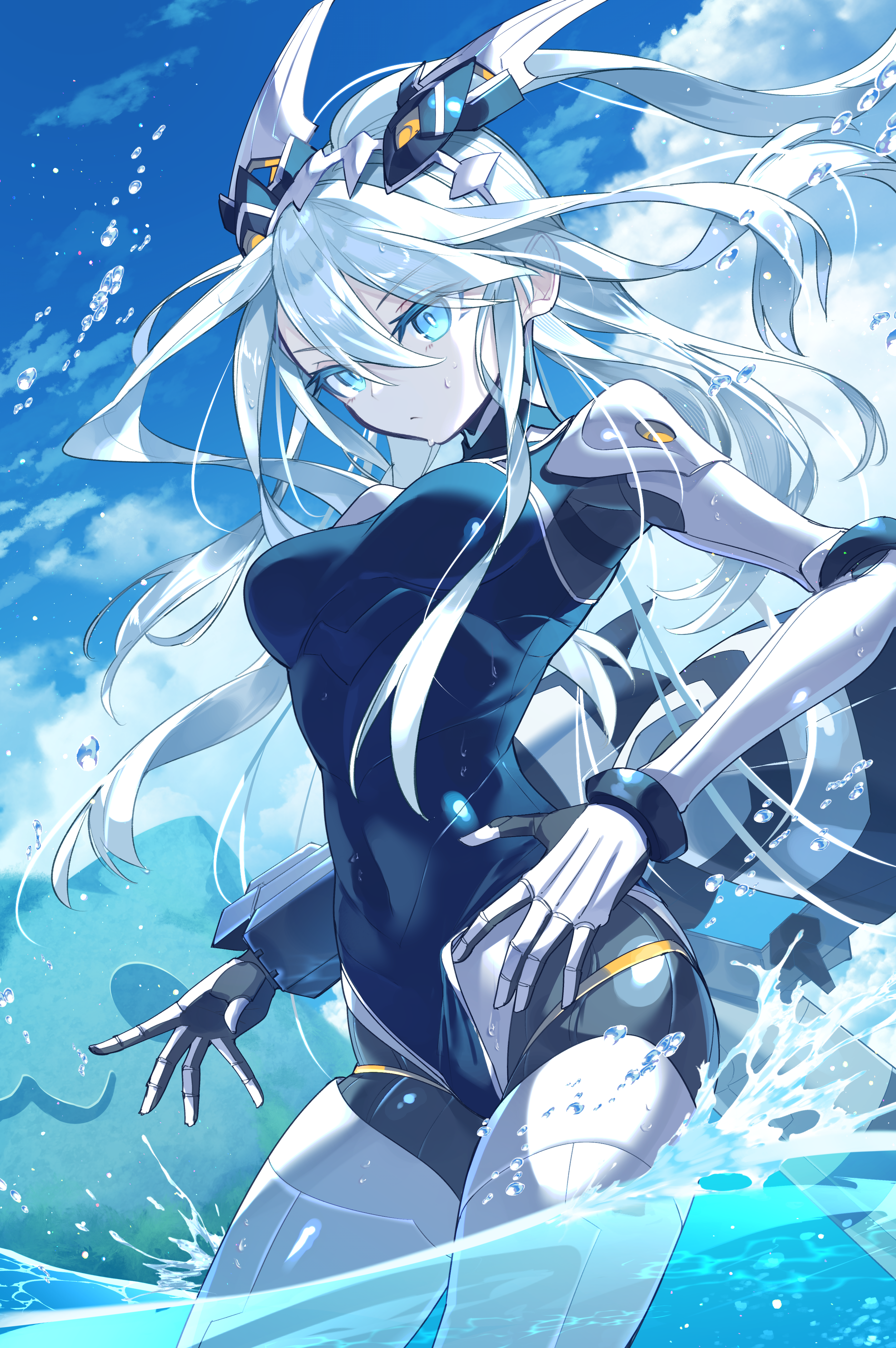 kuuron (moesann17), puzzle & dragons, absurdres, highres, 1girl, blue eyes, breasts, claudia (puzzle & dragons), cloud, eyes visible through hair, from below, hair between eyes, hair ornament, long hair, looking down, mechanical arms, mechanical legs, science fiction, sky, solo, splashing, sweat, swimsuit, water, white hair