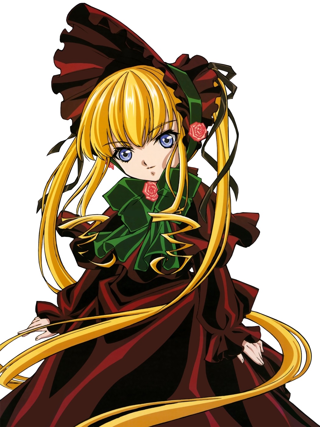kasugai hiroyuki, shinku, rozen maiden, highres, 00s, 1girl, blonde hair, blue eyes, bonnet, bow, bowtie, cowboy shot, dress, female focus, long sleeves, looking at viewer, red dress, simple background, smile, solo, standing, white background