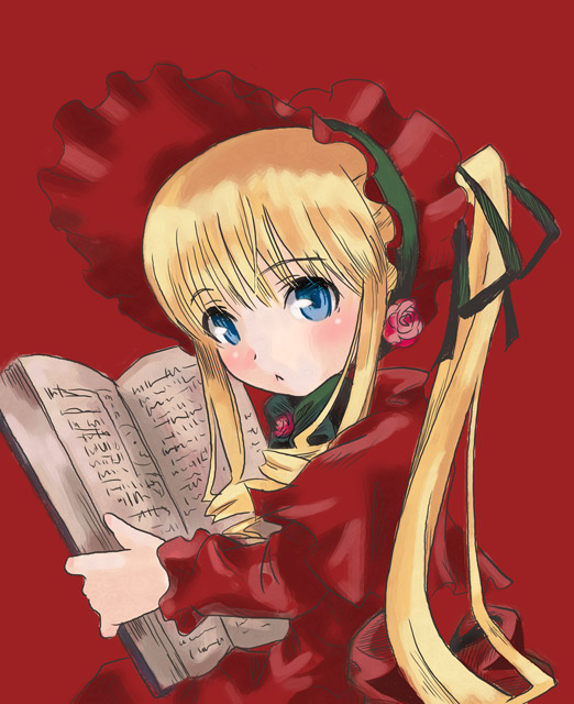 shinku, rozen maiden, 00s, 1girl, blonde hair, blue eyes, blush, dress, drill hair, female focus, flower, frills, long hair, ribbon, rose, solo, twintails